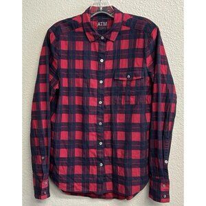 ATM Button Front Red Plaid Shirt Women’s Size Large Blouse Long Sleeve